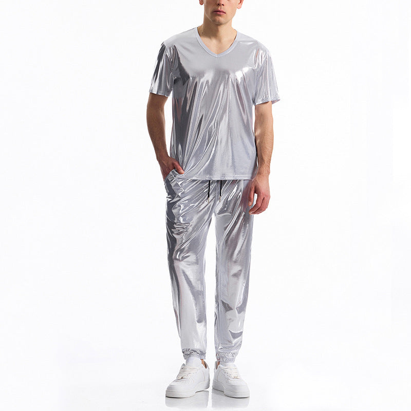 Street-wave Mens Breathable Shiny Material V-Neck Tracksuit Set For Fitness Enthusiasts And Gym Lovers