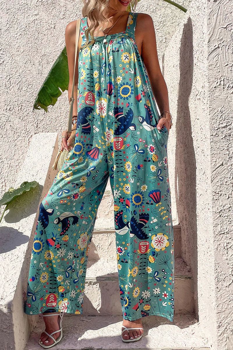 Street Wave Women Jumpsuit Loose Fit Wide Leg Lightweight Printed Strapless