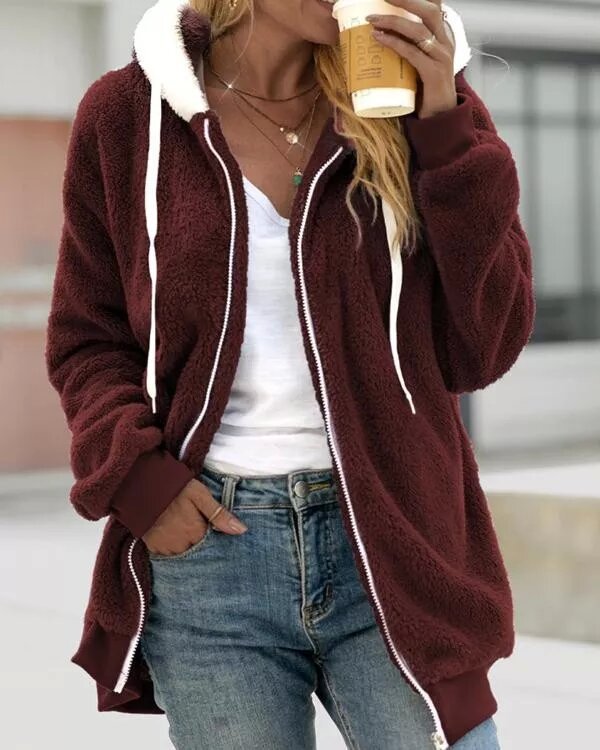 Street-wave Womens Teddy Coat With Hood Plush Lining Cozy Warmth And Modern Chic