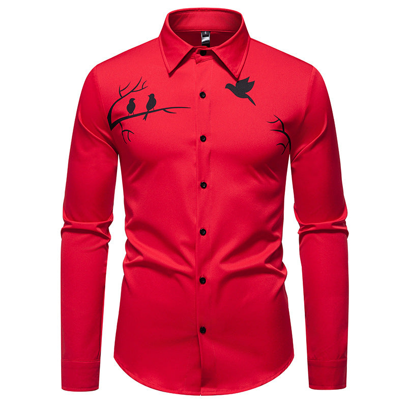 Street-Wave Men's Long Sleeve Shirt With Artful Bird Motif For Modern Professionals Breathable Comfort
