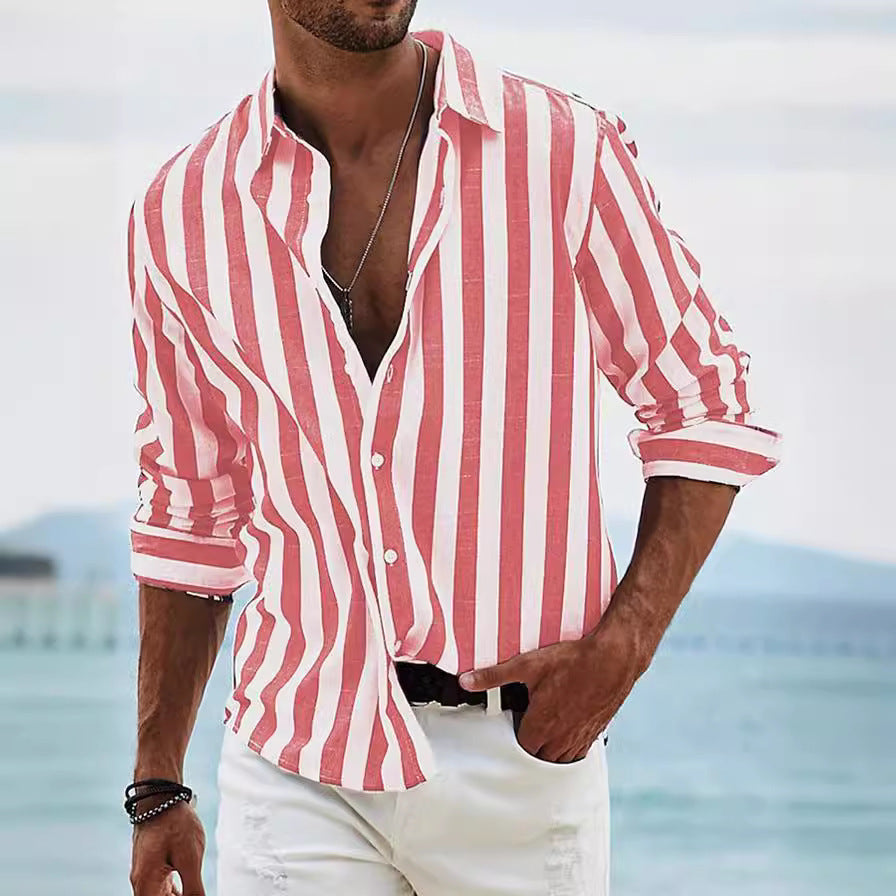 Men's Long Sleeve Shirt Cotton Linen Blend Striped Design Relaxed Fit Casual Everyday Wear