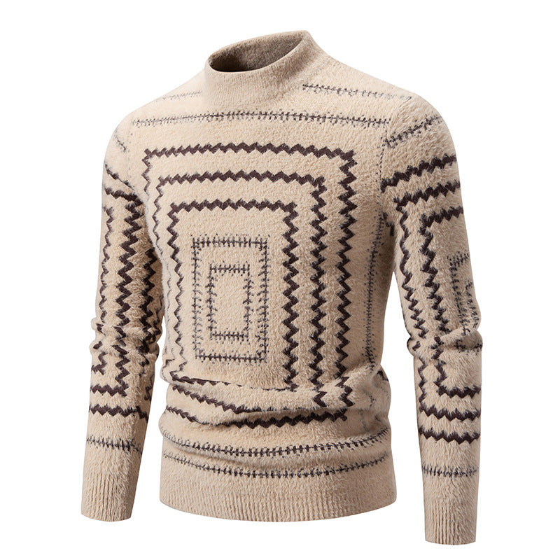 Geometric Pattern Knit Sweater For Women By Street-Wave With High Collar Cozy Wool Pullover