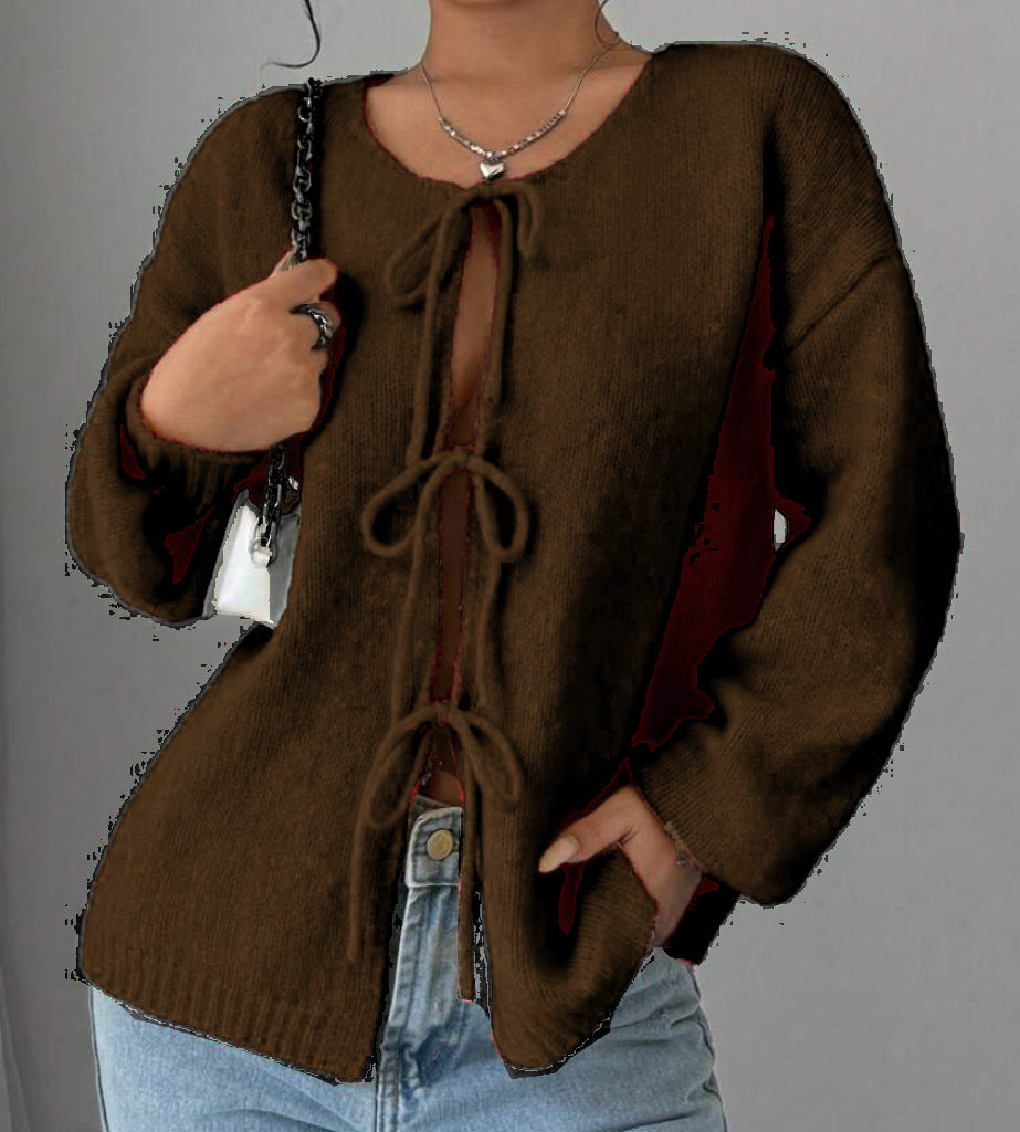 Street-Wave Women Oversized Knit Sweater With Decorative Tie-Front Detail For Cozy Everyday Style