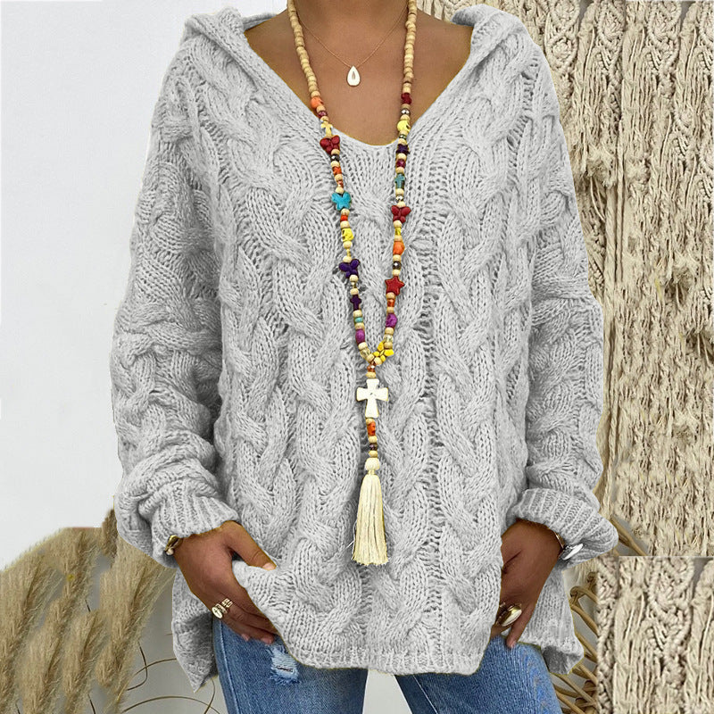 Street-wave Knitted Hoodie With V-Neck Cozy Cable Knit Sweatshirt For Women Elegant Casual Look