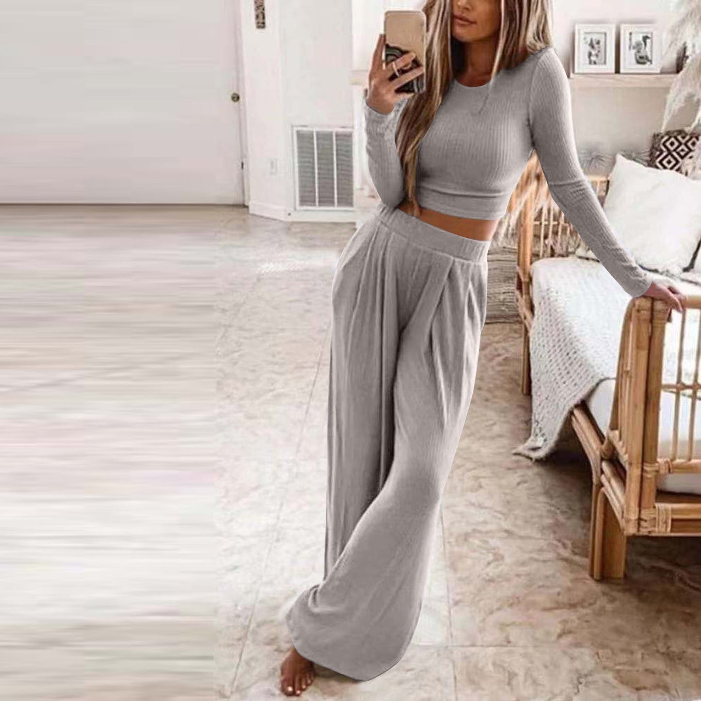 Streetwave Elegant Womens Comfortable Lounge Set With Long Sleeve Top And Wide Leg Pants For Women