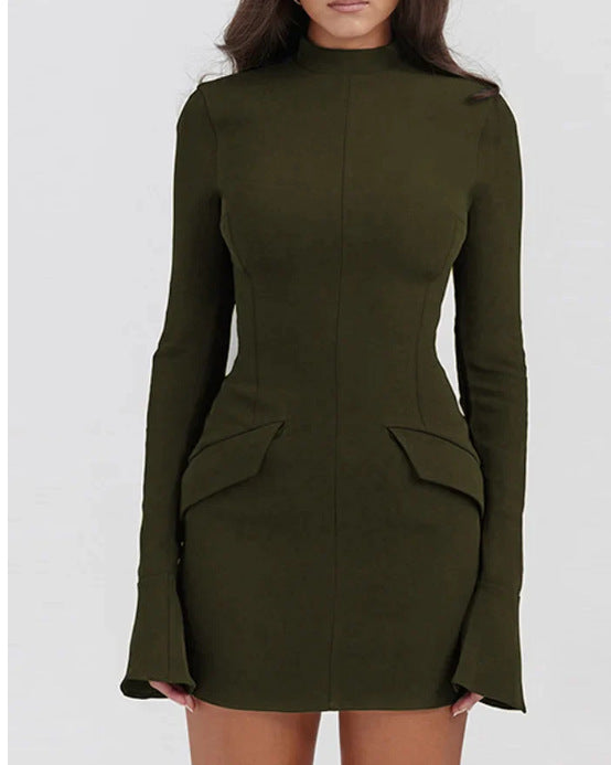 Street Wave Navy Bodycon Dress For Women Slim Fit Long Sleeve Hip Hugging Mini Chic Intellectual Style