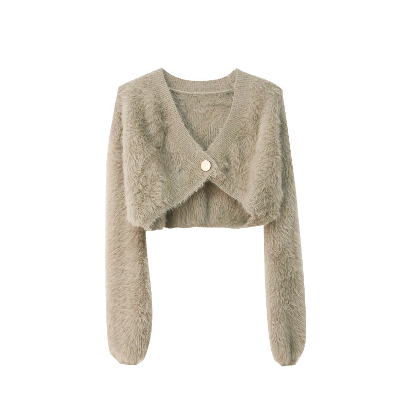 Street-wave Fluffy Short Knit Cardigan With V-Neck And Button Detail For Women Everyday