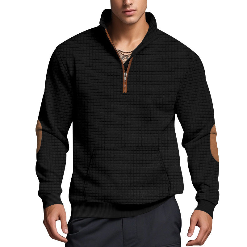 Street-Wave Men's Structured Fleece Pullover With Modern Stand Collar Geometric Texture Cozy Comfort