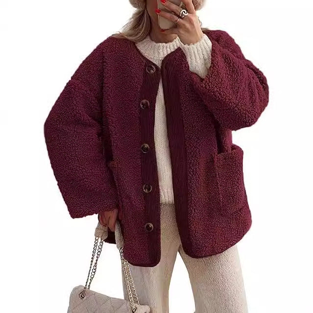 Street-Wave Cozy Teddy Jacket For Women With Color-Matched Collar Warm Plush Comfort