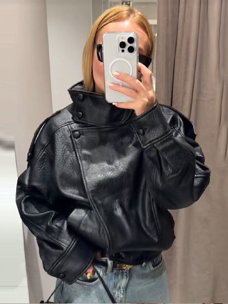 Street-Wave Womens Elegant Oversized Jacket With Stand Collar For Modern Street Style