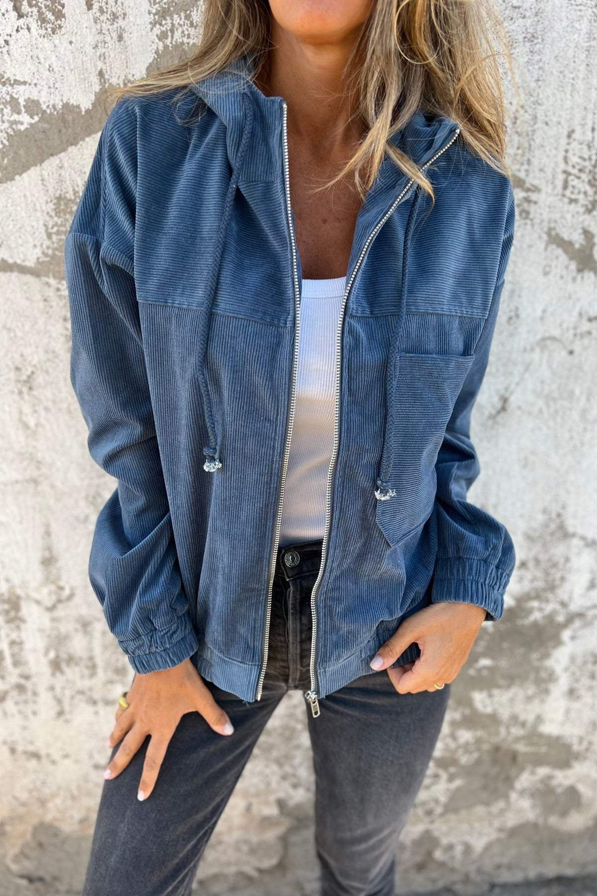 Street-wave Cord Softshell Hoodie Jacket With Zipper For Women, Cozy Warmth, Modern Streetwear