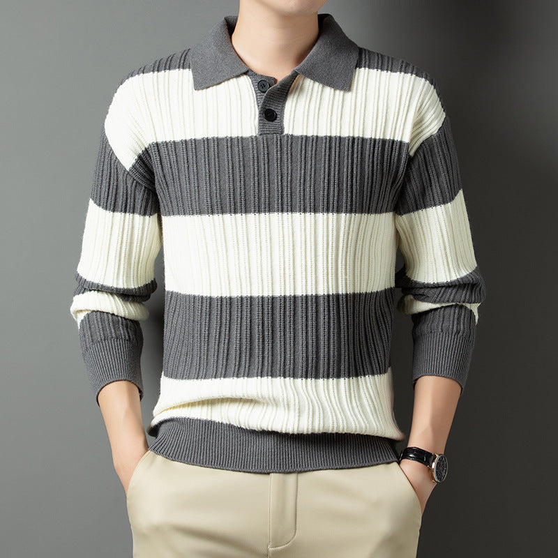 Streetwave Men's Striped Rib Knit Polo Sweater With Structured Texture And Comfort For Everyday Casual Wear