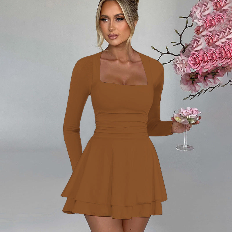 Street-wave Women's Long Sleeve Mini Dress With Ruffled Hem And Square Neck For Elegant Evenings