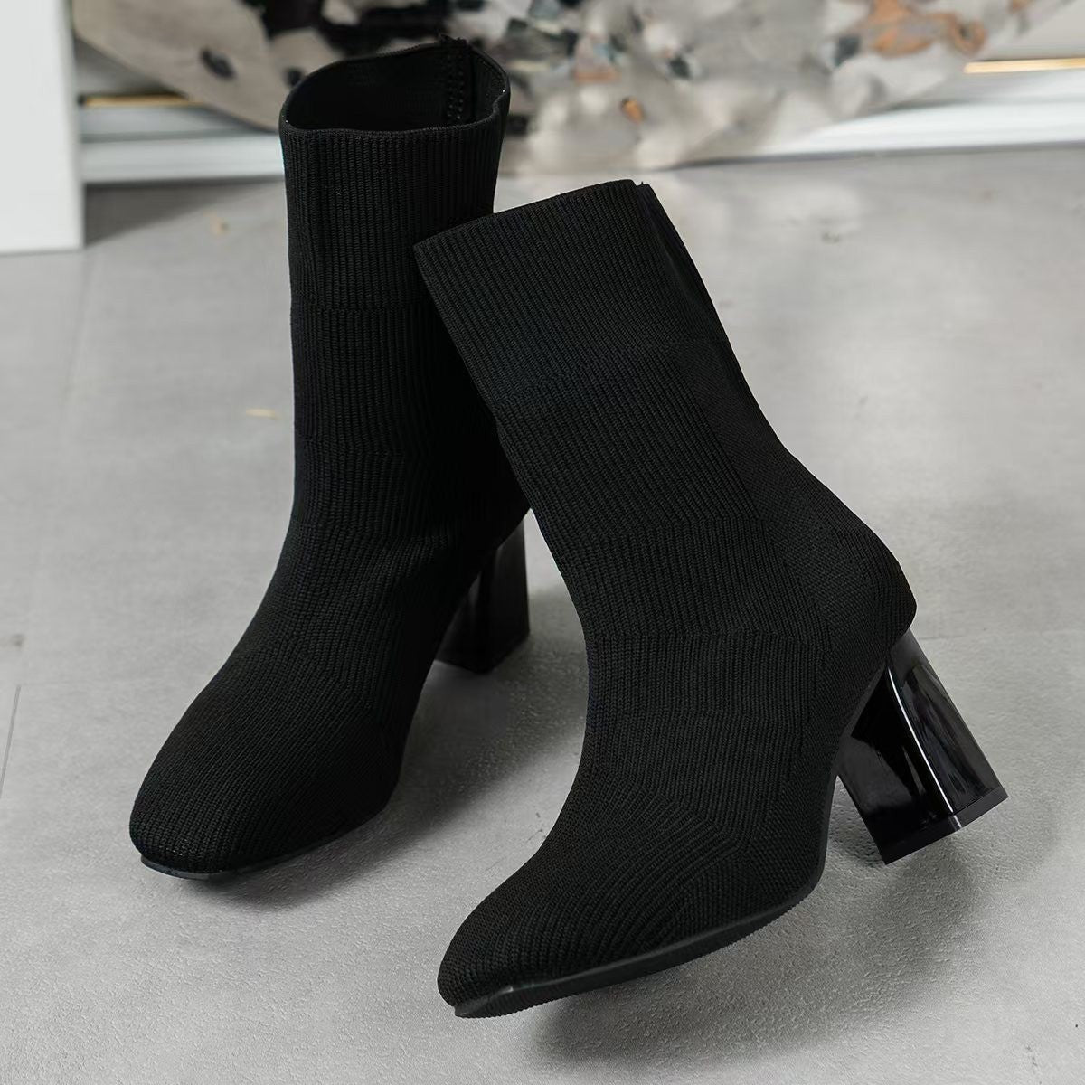 Street-Wave Knit Ankle Boots With Transparent Block Heel And Elastic Shaft For Women