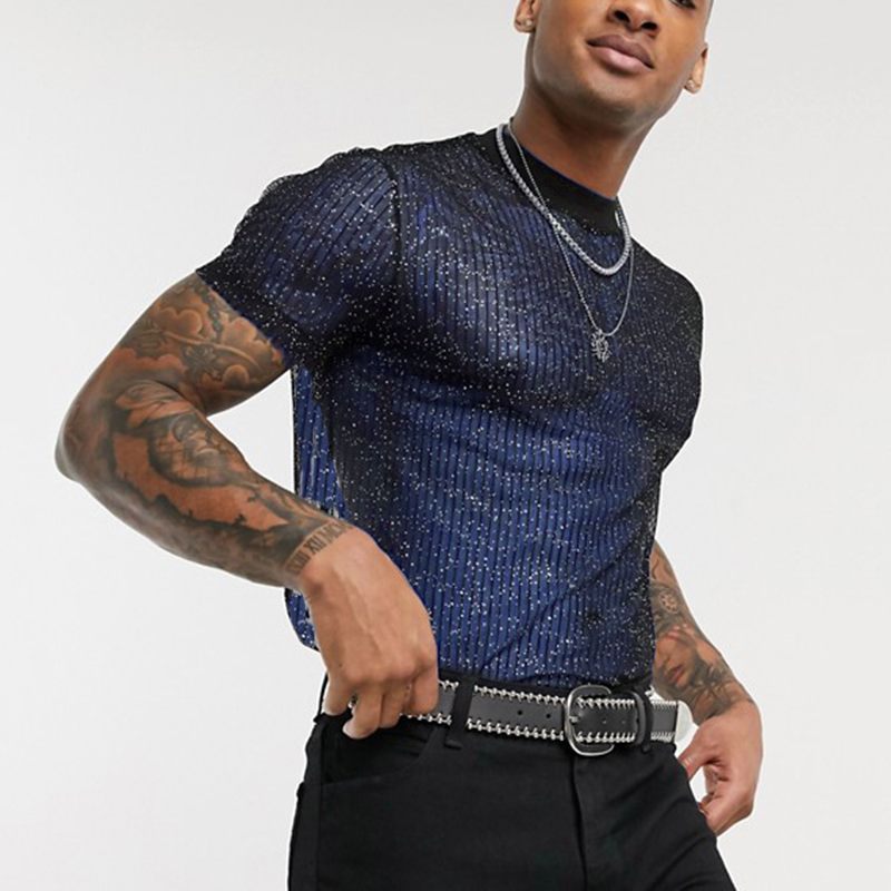 Mesh Glitter T Shirt For Men Street-wave, Shimmering Glamour Fabric, Party Ready