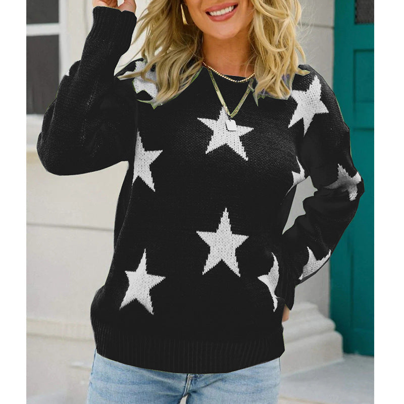 Street Wave Women Star Pattern Cozy Knit Sweater Trendy Loose Fit for Everyday Comfort