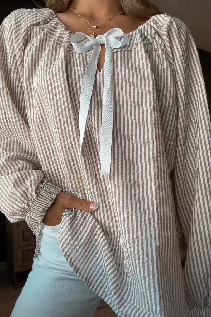 Streetwave Women Striped Elastic Neckline Blouse With Bow Tie For Elegant Everyday Comfort