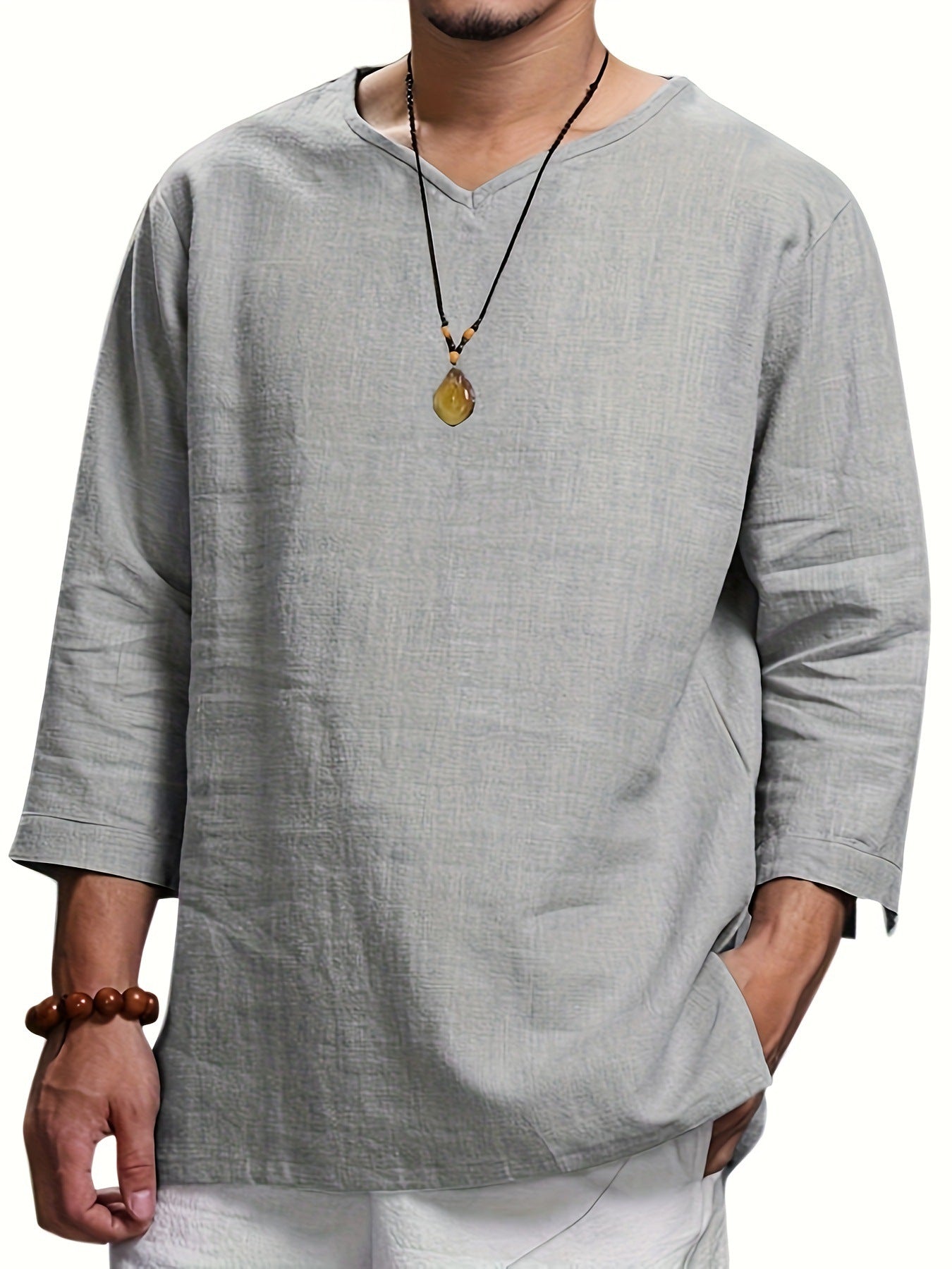 Street Wave Men's Casual V Neck Long Sleeve Shirt With Side Pockets Breathable Fabric