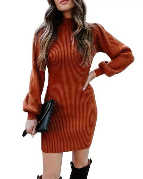Street-wave Womens Knit Dress With High Collar And Puff Sleeves For Women Elegant Cozy Winter Outfit
