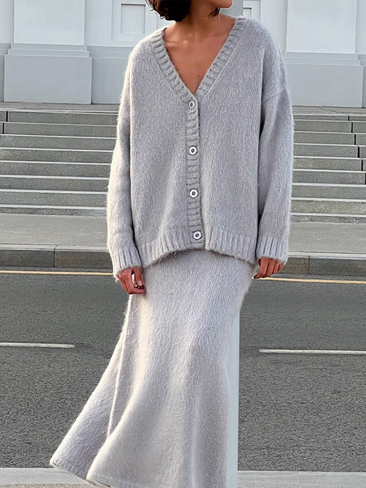 Street Wave Cozy Knit Cardigan And Knee Length Skirt Set For Women Soft Warm Comfort
