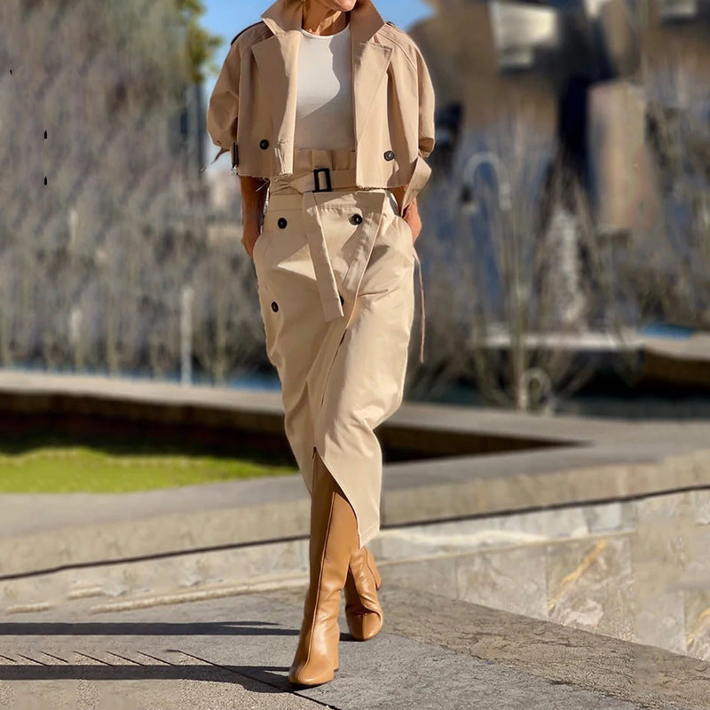 Street-Wave Womens Jacket And Skirt Set Elegant Trench Style With Breathable Comfort For Everyday Wear