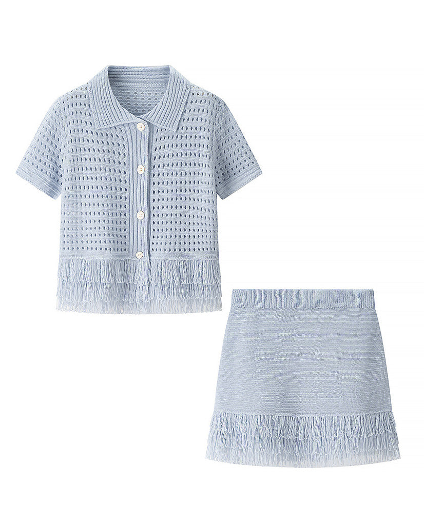 Street-Wave Tassel Knit Cardigan Set With High-Waisted Mini Skirt For Trendy Women