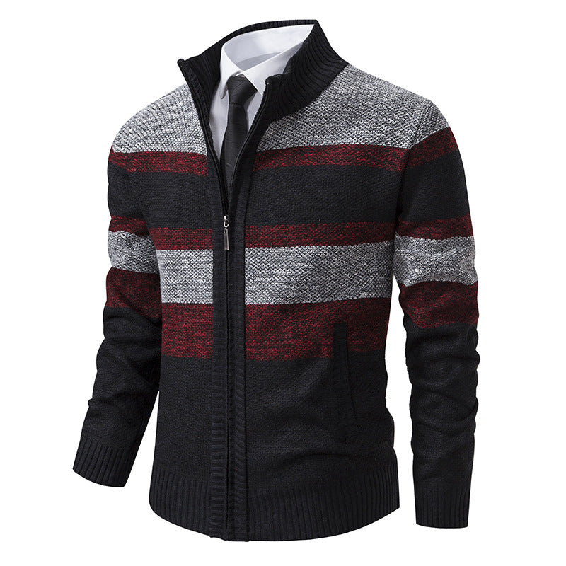 Mens Cardigan With Stand Collar Streetwave Modern Stripe Pattern For Men Stylish Versatile Warm Knitwear