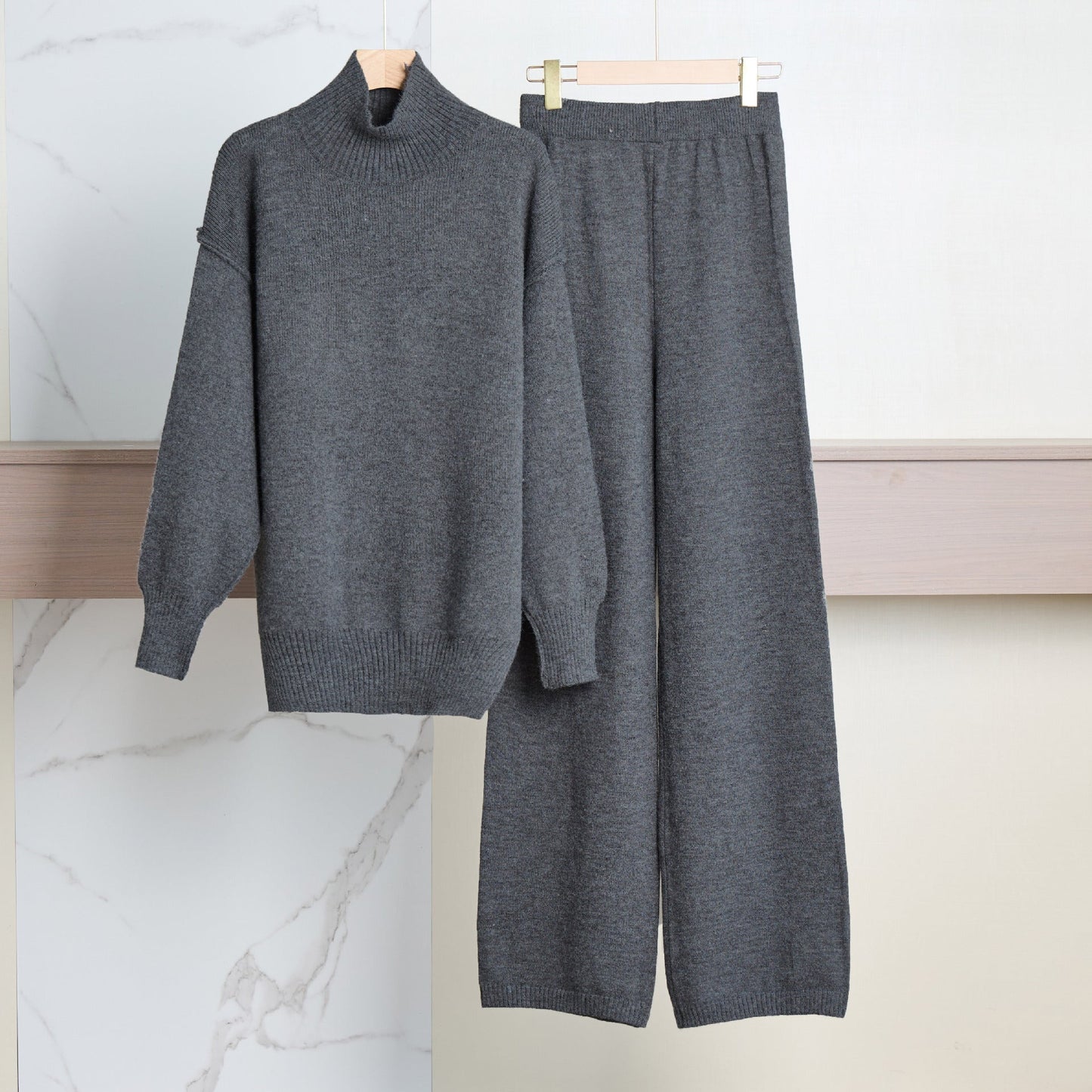 Street-Wave Women's Cozy High-Neck Knit Set With Relaxed Wide-Leg Pants For Effortless Style