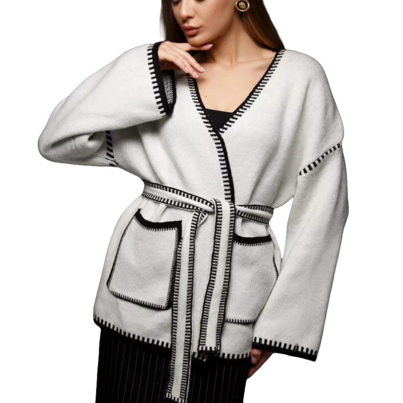 Streetwave Chic Women's Knit Cardigan With Large Lapel And Practical Pockets For Everyday Style