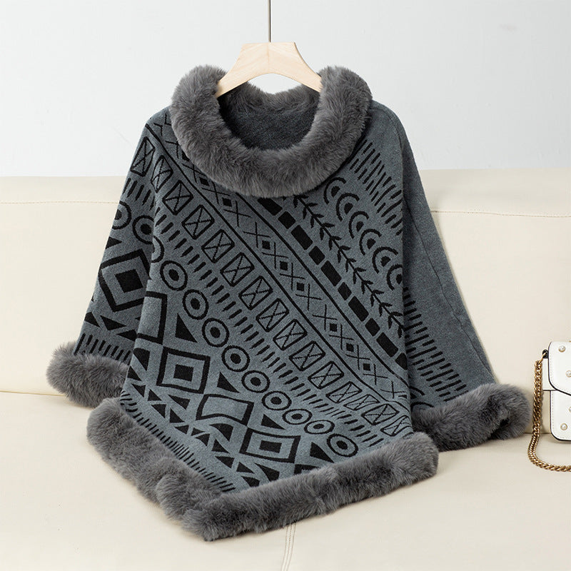 Poncho By Streetwave Womens Cozy Geometric Knit With Luxurious Faux Fur Collar Warmth