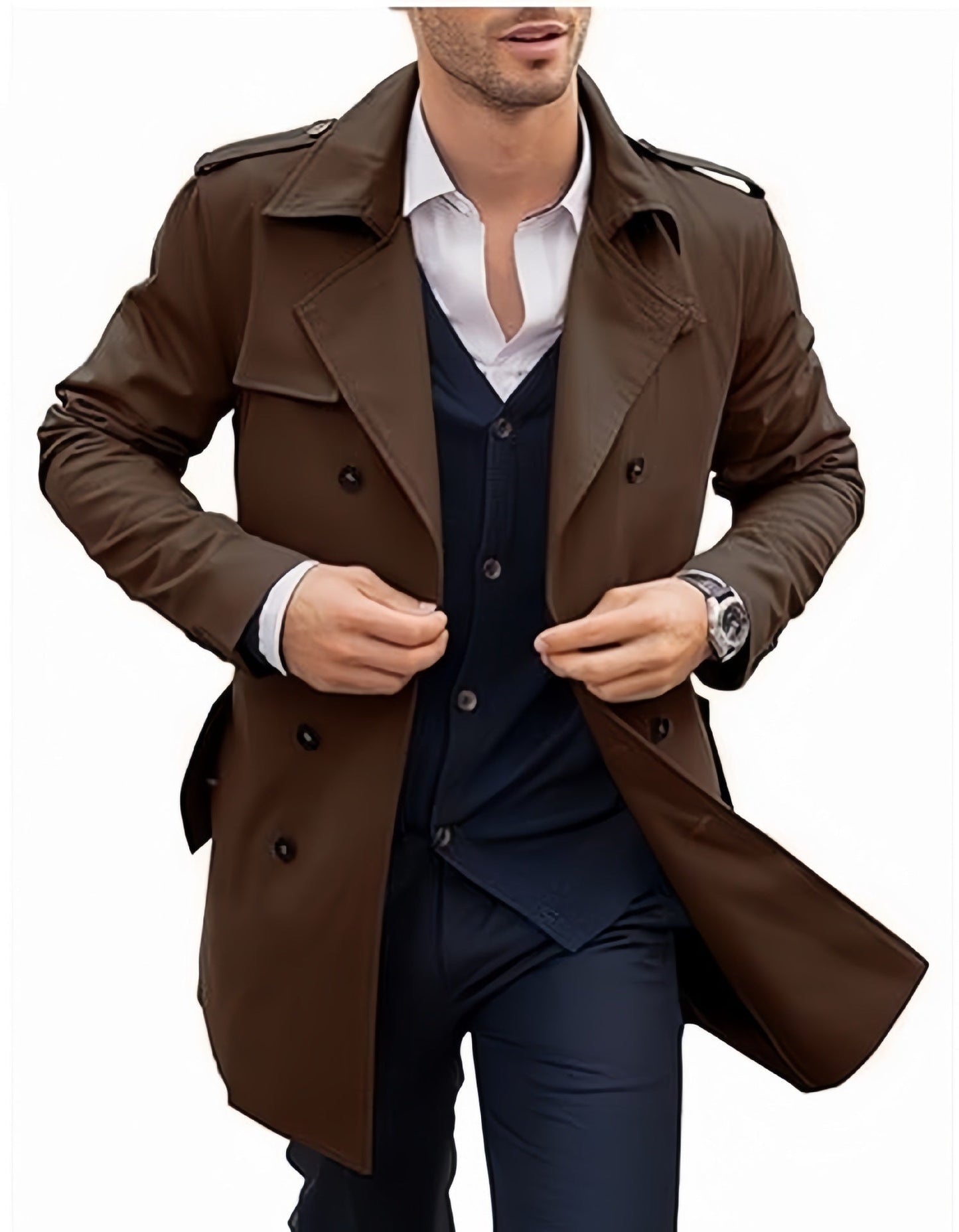 Street-Wave Mens Trench Coat With Structured Design And Double Button Placket For Modern Style