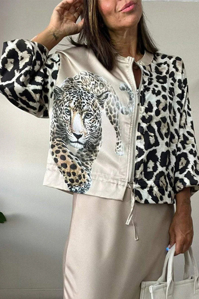 Leopard Print Bomber Jacket For Women Street-wave Relaxed Fit Bold Statement Outerwear