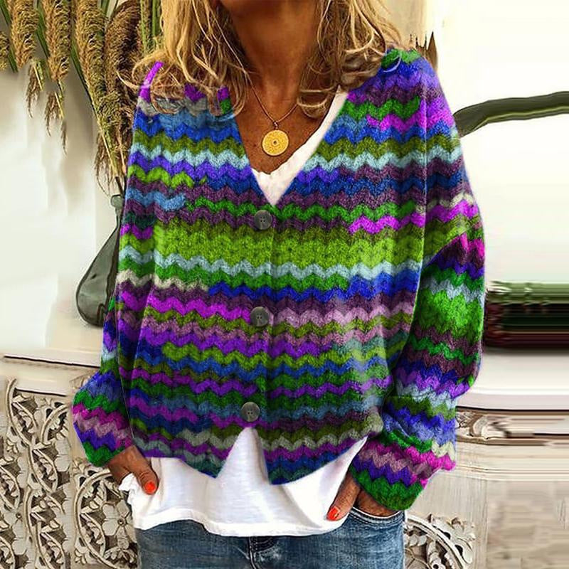 Street-wave Patchwork Cardigan For Women Colorful Knit With Button-Down Style Effortless Chic