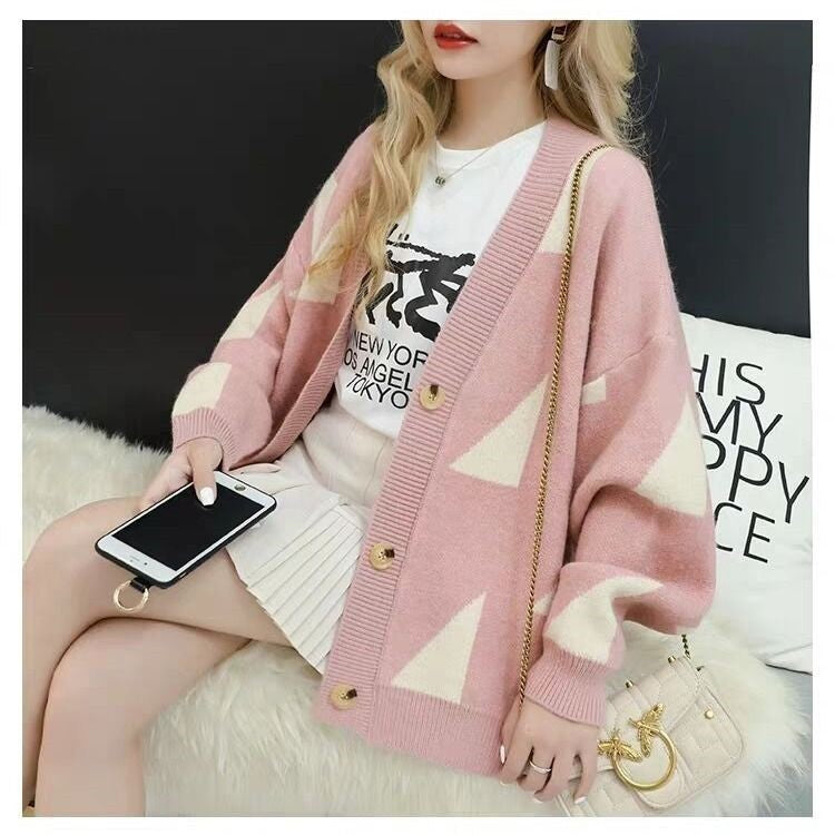 Streetwave Women's Knit Cardigan With Bold Geometric Pattern And Functional Button Details