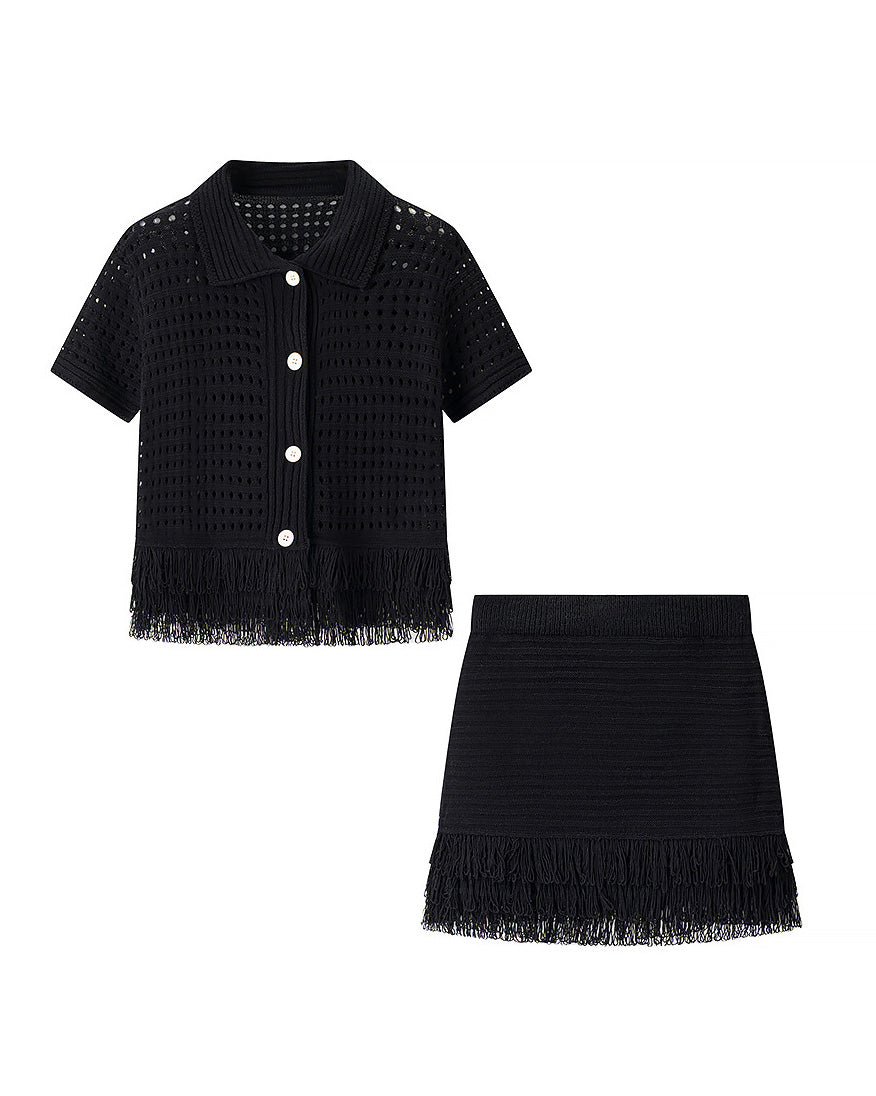 Street-Wave Tassel Knit Cardigan Set With High-Waisted Mini Skirt For Trendy Women