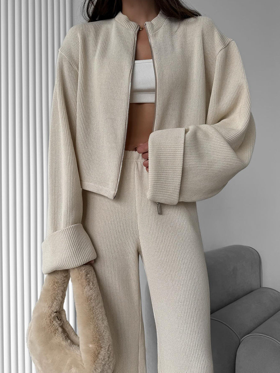 Street-Wave Knit Zip Front Jacket And Wide Leg Pants Set For Women Cozy Chic All Day Wear