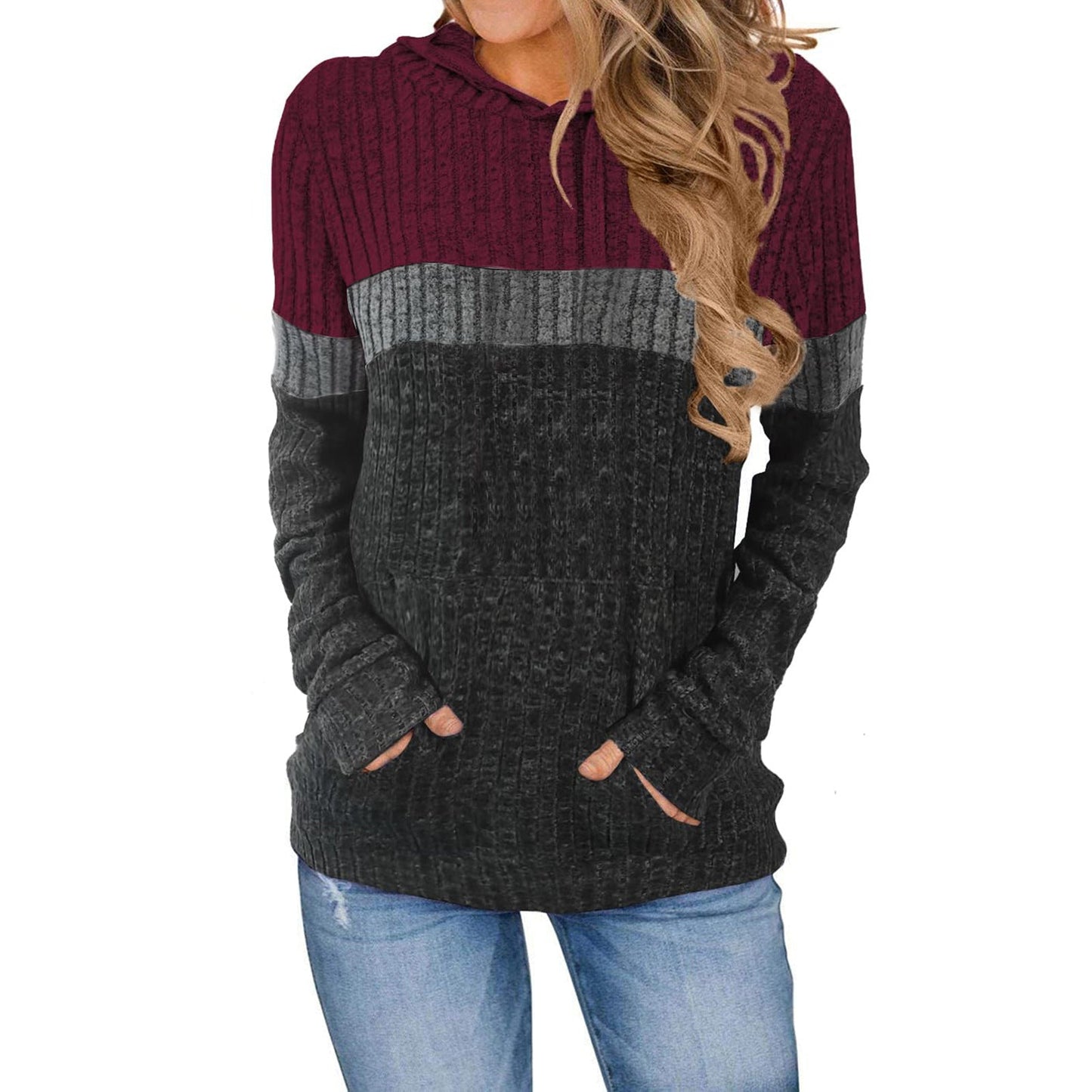 Women Hooded Sweatshirt Street-wave Color Block Cozy Breathable Cotton Blend Pullover