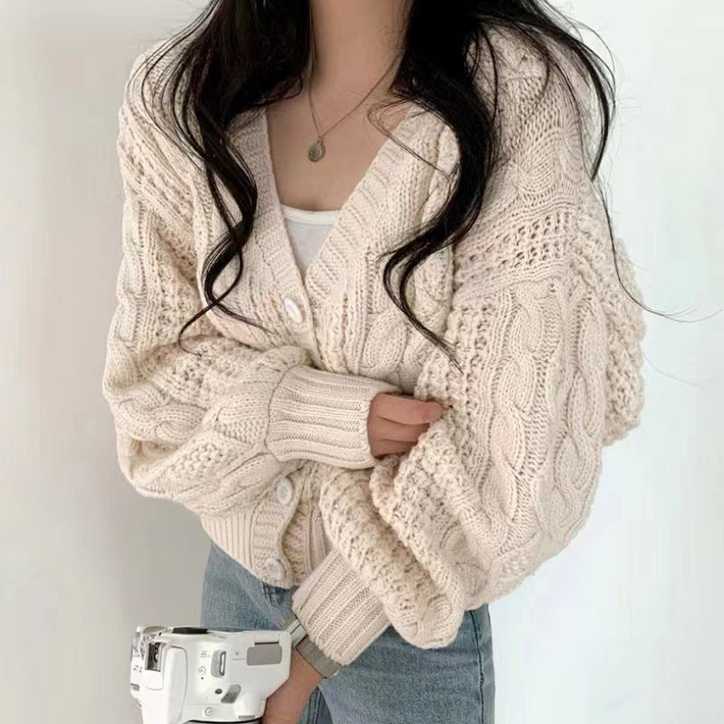 Street Wave Womens Chunky Knit Cardigan With Voluminous Sleeves And Unique Cable Pattern