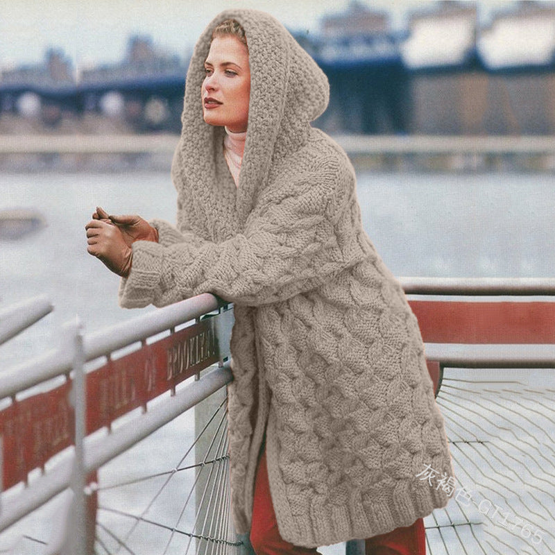 Street-wave Women's Oversized Chunky Knit Hooded Coat Cozy Warmth Soft Wool Casual Chic Outerwear