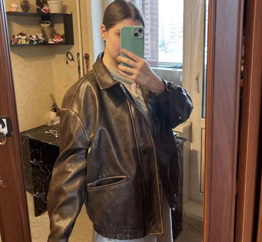 Street-Wave Vintage Lambskin Leather Jacket For Women Casual Fit All Seasons Style