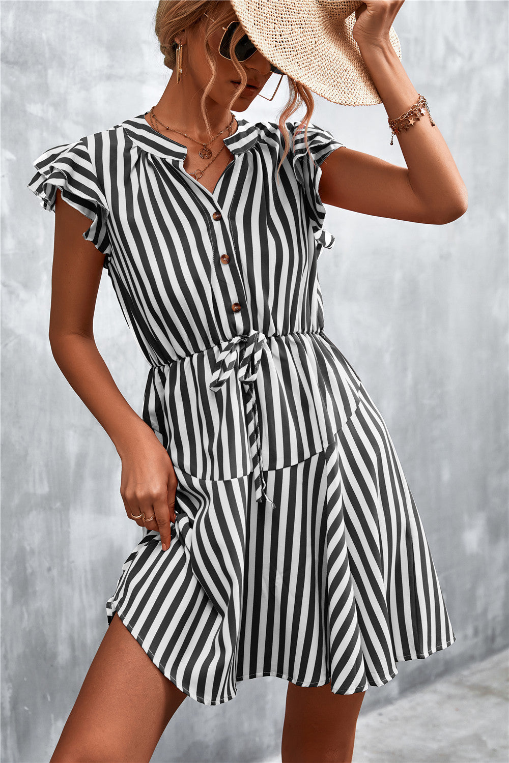Striped Short Sleeve Dress Streetwave With Tie Waist And Ruffle Details For Women Breathable Cotton Blend