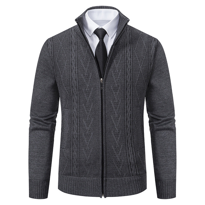 Street-Wave Men's Zipper Cardigan With Elegant Cable Knit Pattern For Versatile Formal And Casual Wear