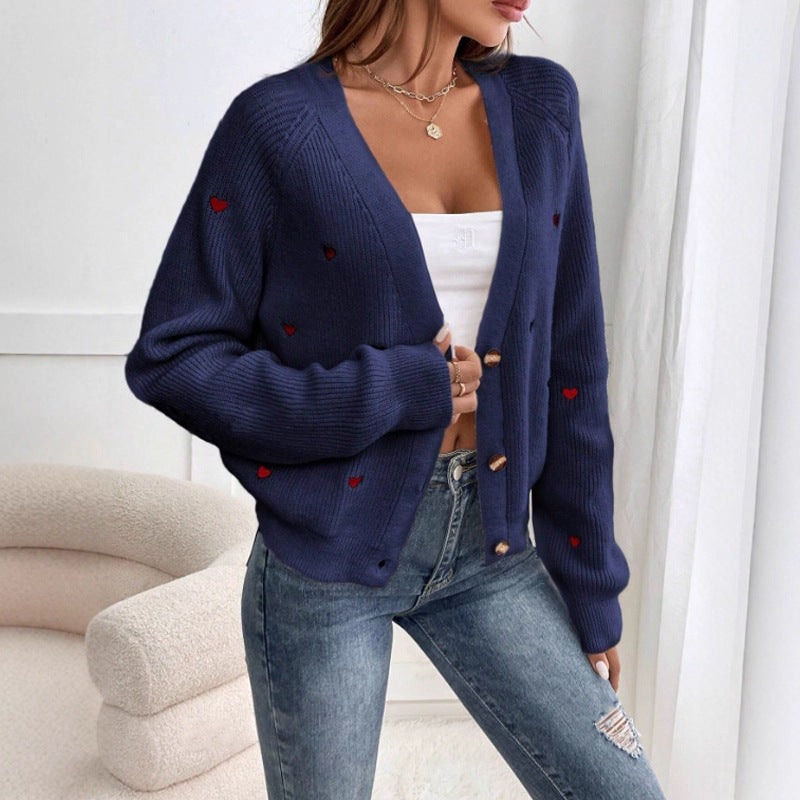 Womens Cardigan Cozy Knit With Heart Motif And Soft Cotton Blend Street Wave Casual Everyday Wear