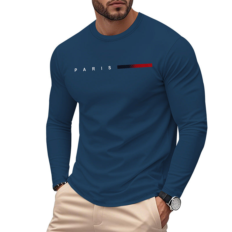 Street Wave Paris Print Long Sleeve Tee For Men With Elastic Hem And Breathable Cotton