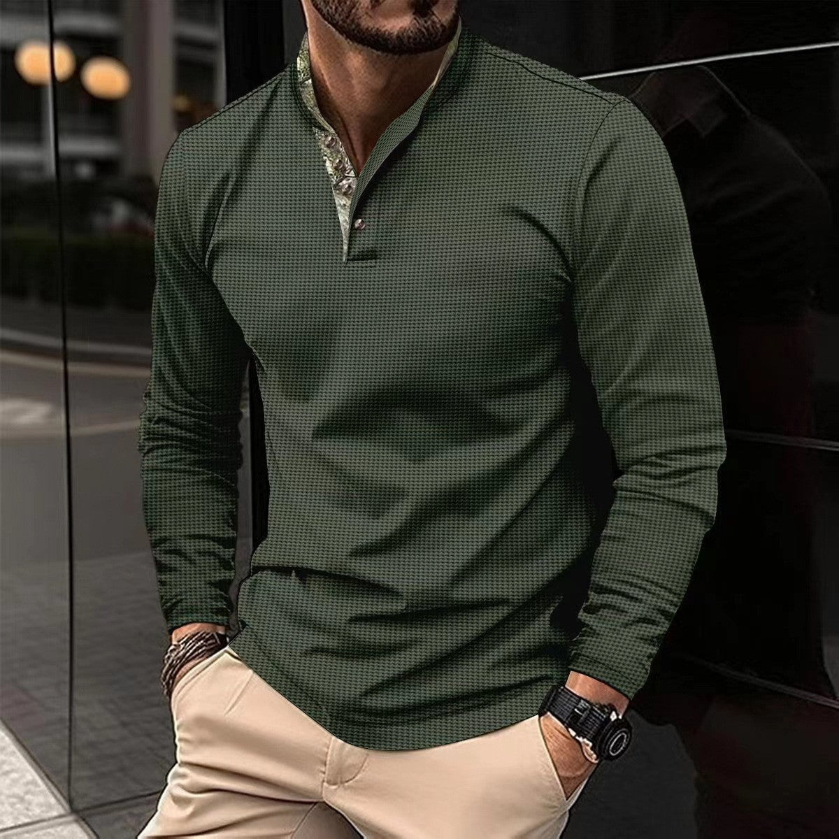 Streetwave Mens Long Sleeve Shirt With Modern Stand Collar For Smart Casual Wear Breathable Comfort