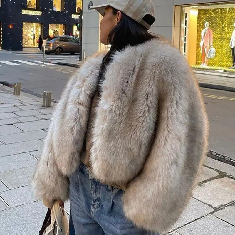 Faux Fur Short Jacket With Voluminous Sleeves Street-wave For Women Warm Chic Outerwear