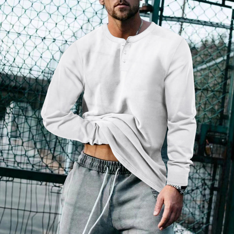 Mens Long Sleeve Henley Shirt With Classic Button Placket Soft Cotton Blend Street-Wave For Everyday Comfort