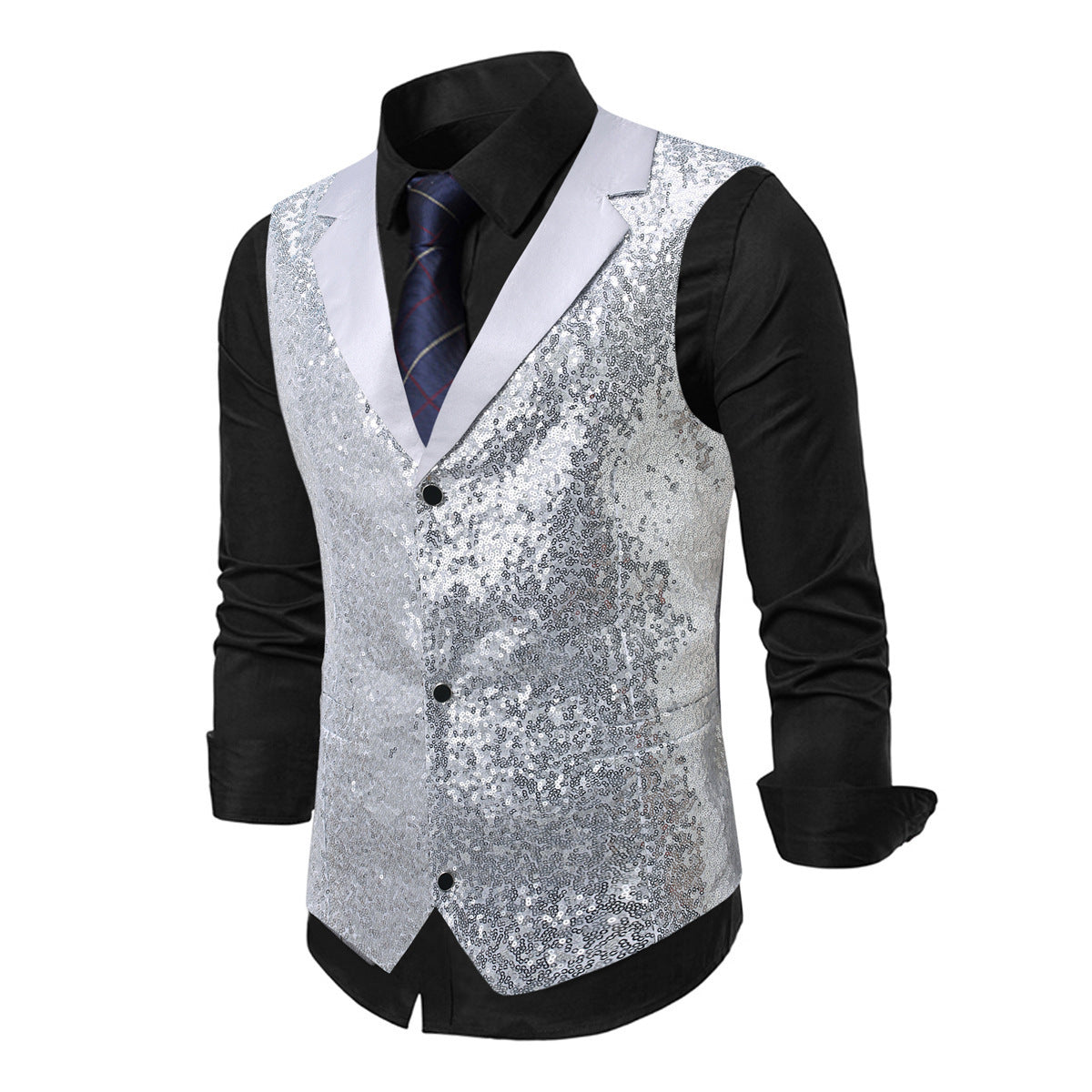 Street-Wave Sequin Vest For Men With Silver Glitter, Classic Cut, Party Ready For Stage And Nightlife Events