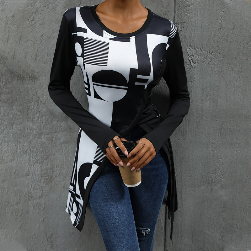 Street-wave Women's Graphic Long Sleeve Shirt With Asymmetric Hem For Trendy Women