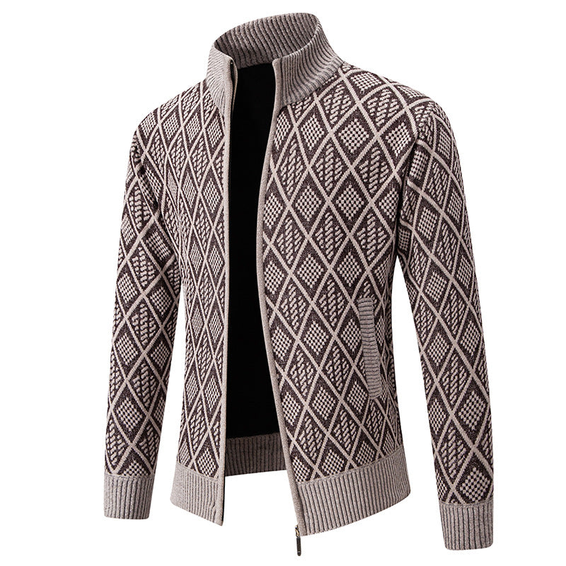 Streetwave Mens Knit Cardigan With Structured Diamond Pattern And High Collar For Men
